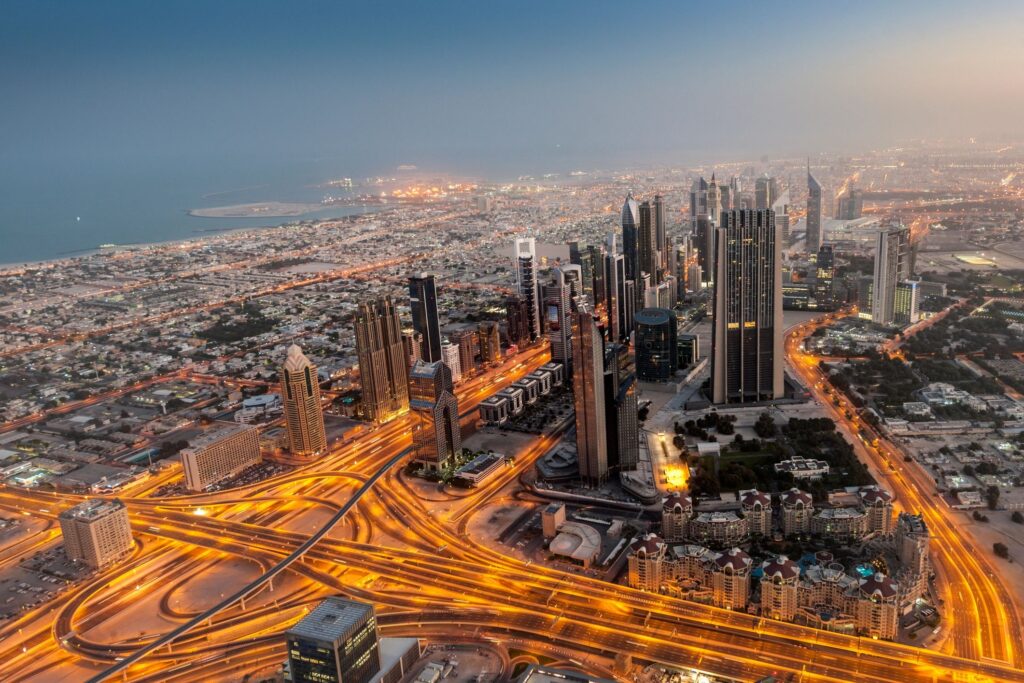 Aerial view on Sheikh Zayed Road, Dubai Downtown at dawn This image is GPS tagged